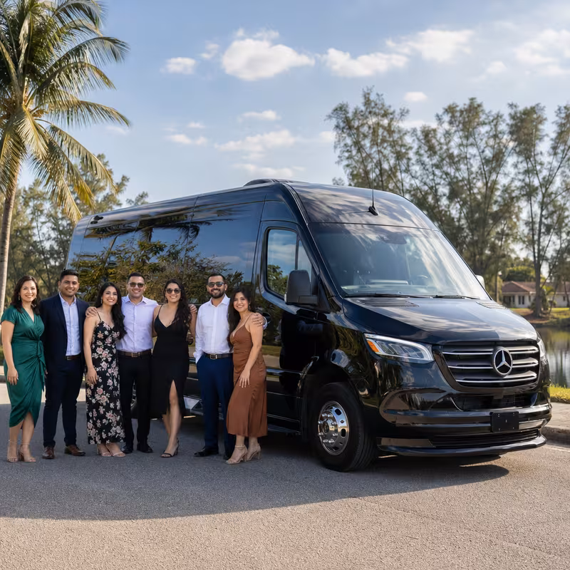 Group beside a Mercedes Sprinter limo from the Pembroke Pines fleet