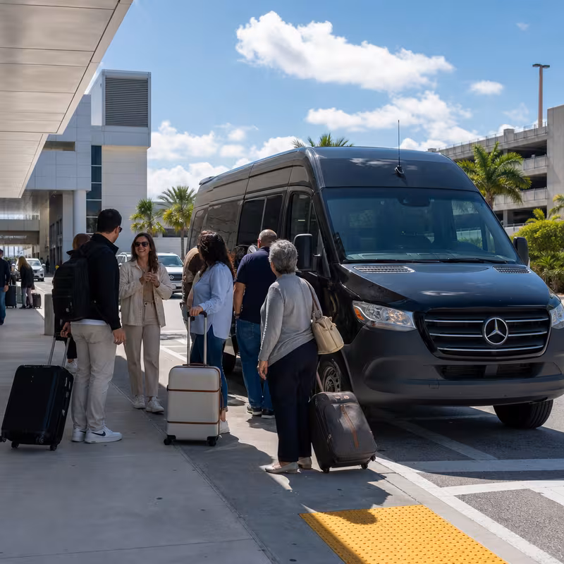 Group boarding a white charter bus for Airport Transportation transportation in Pembroke Pines