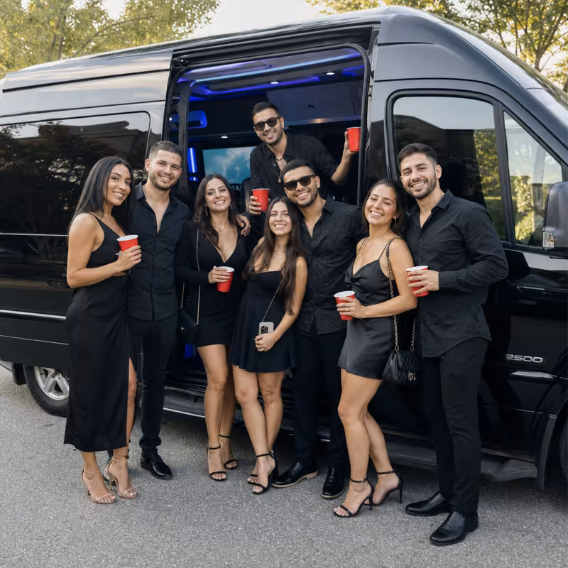 Group boarding a white charter bus for Birthday Transportation transportation in Pembroke Pines