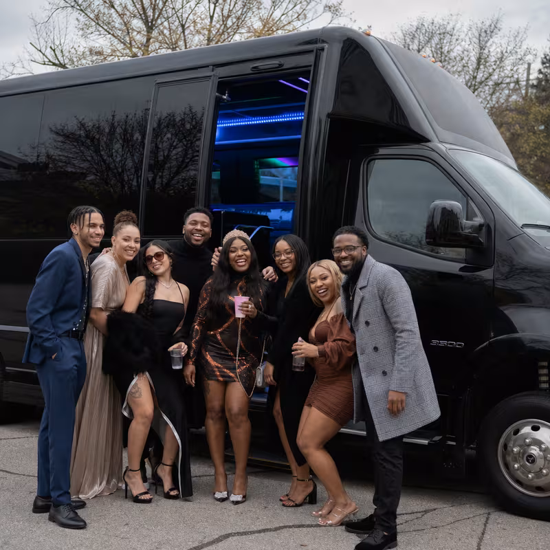 Party bus interior with wraparound leather seating and LED lighting in Pembroke Pines