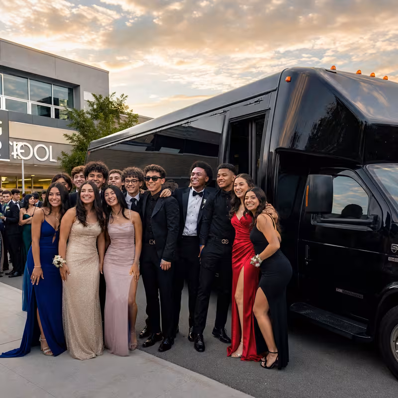 Group boarding a white charter bus for Prom & Homecoming Transportation transportation in Pembroke Pines