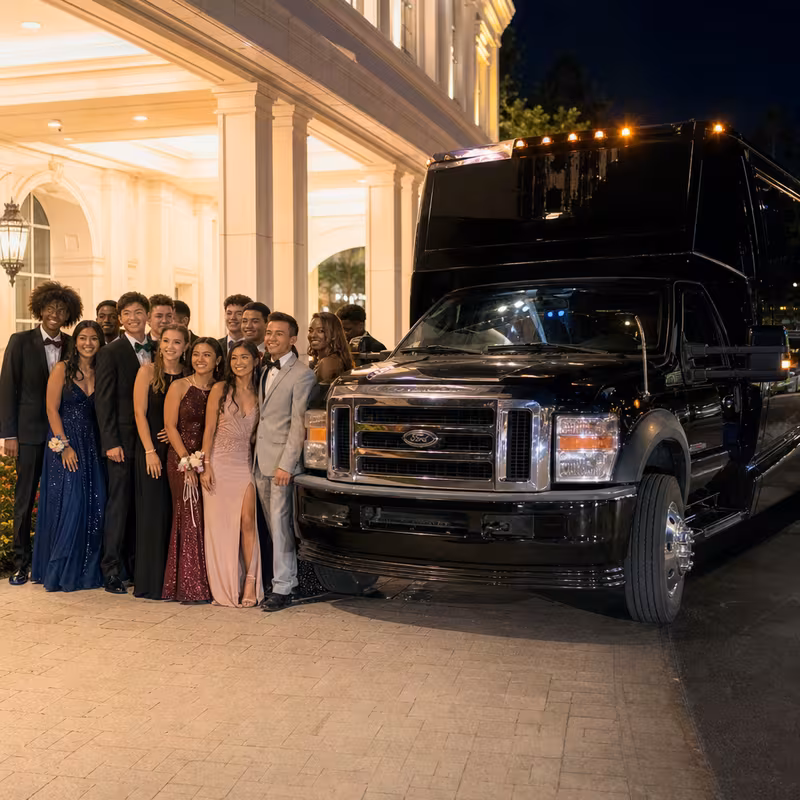 Party bus interior with wraparound leather seating and LED lighting in Pembroke Pines