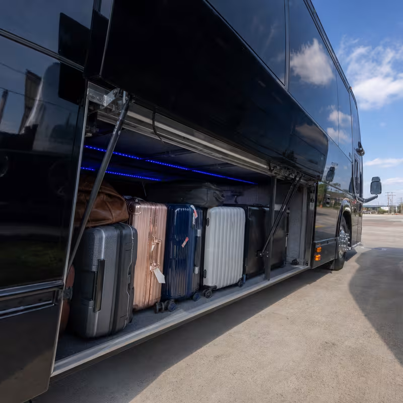 Party bus interior with wraparound leather seating and LED lighting in Pembroke Pines