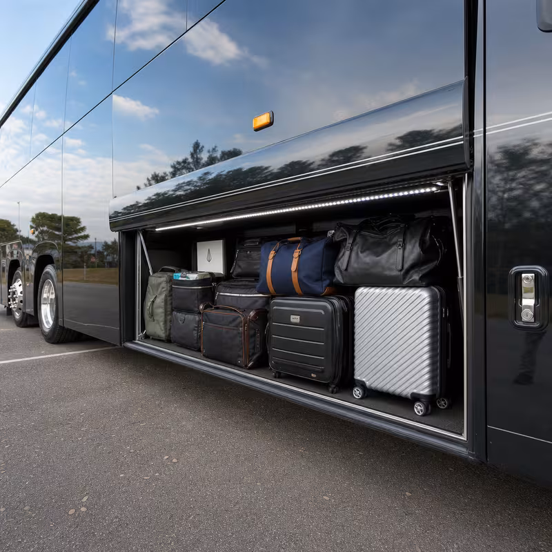 Party bus interior with wraparound leather seating and LED lighting in Pembroke Pines