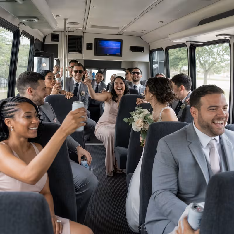 Group boarding a white charter bus for Wedding Transportation transportation in Pembroke Pines