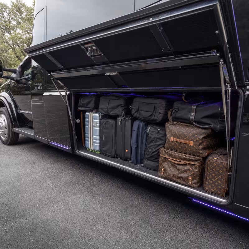 Party bus interior with wraparound leather seating and LED lighting in Pembroke Pines